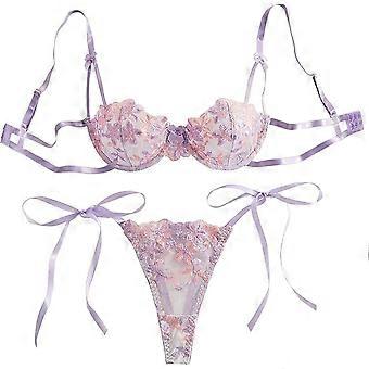 Sexy Tie Side Cute Underwire Push Up Strappy Embroidered Mesh Sheer Lingerie Set