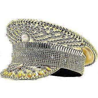 Rhinestone Navy Hat For Lady Wedding Bride Glittering Sergeant Hat Novelty Birthday Party Hat Captain Hat For Night Club Gold