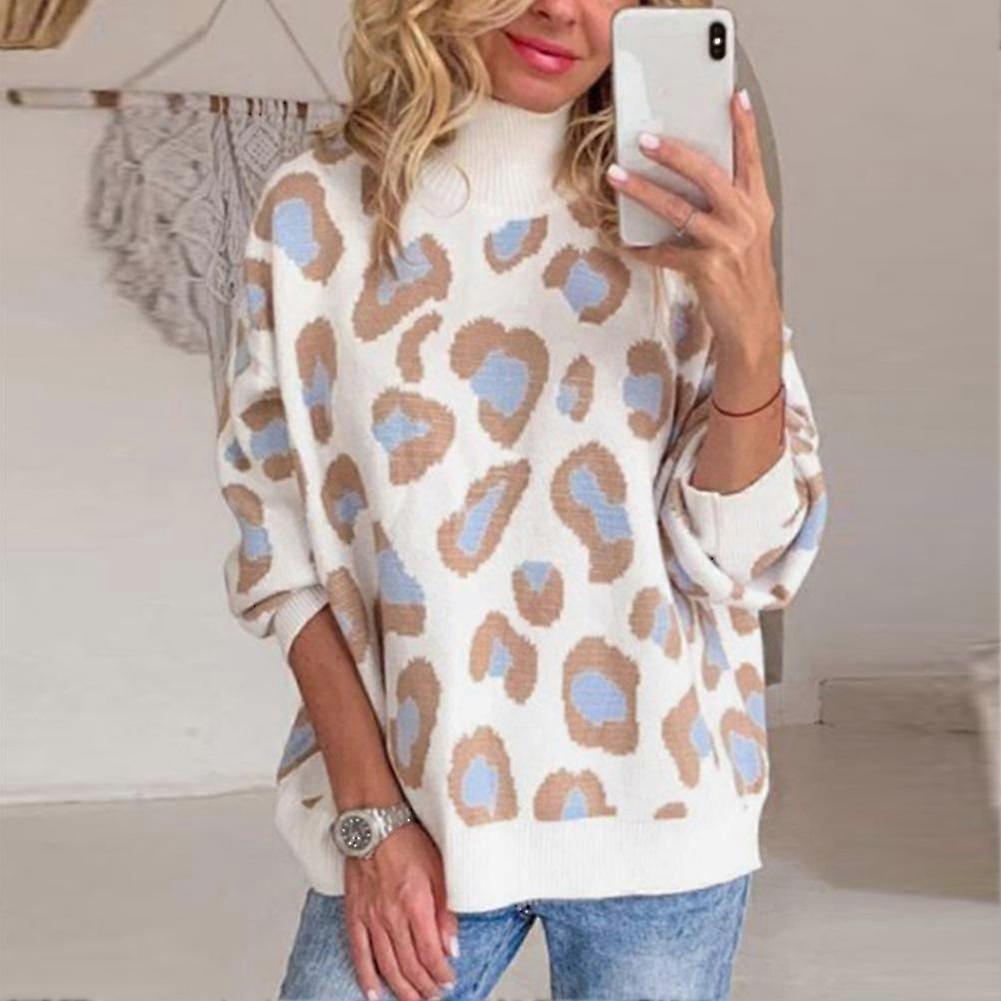 Pull Hiver Femmes Léopard Print Basic Col Roulé Oversize Jumper Vintage Pull Chaud#bleu