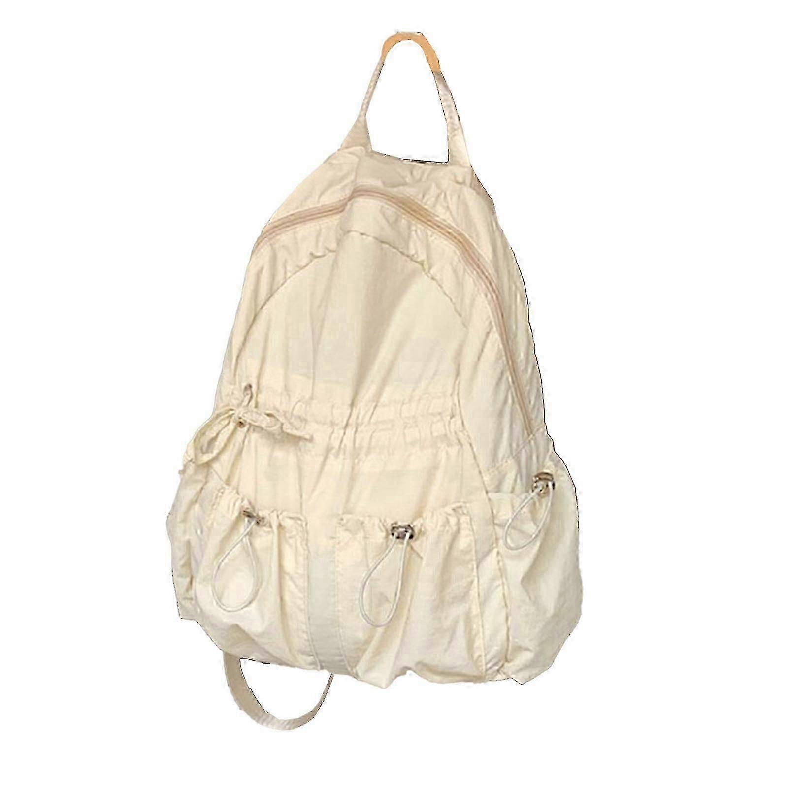 Lightweight Nylon Backpack with Drawstring, Pleated Solid Color, Multiple Pockets for School Bag Travel