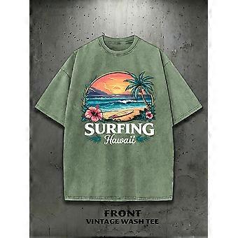 Surfing Hawaii Tropical Plant Seaside Scene Print Man Summer Y2K Washed T Shirt Simple Cotton Short Sleeve Casual Breathable Top