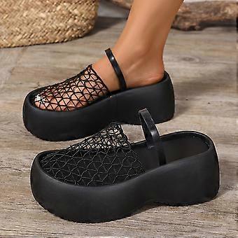 Women's Casual Platform Slippers, Lace Fishnet Thick Sole Comfortable Slip-On for Spring Summer, Western European Japanese Korean Style