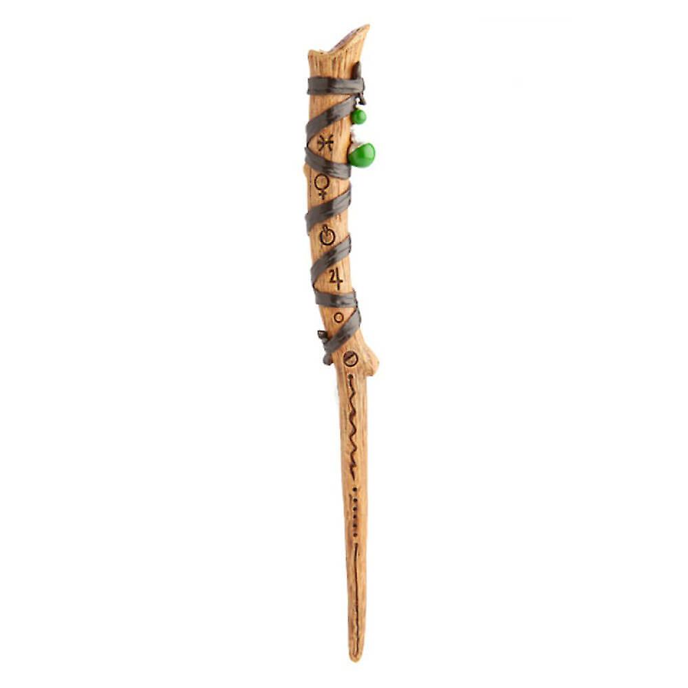 Wood-Look Astrological Symbols Wand With Leather Binding & Green Bead Details