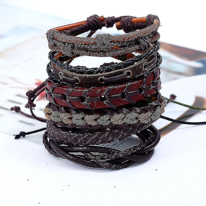 6pcs Braided Leather Bracelet Stackable Cuff Bracelet Adjustable Bracelet