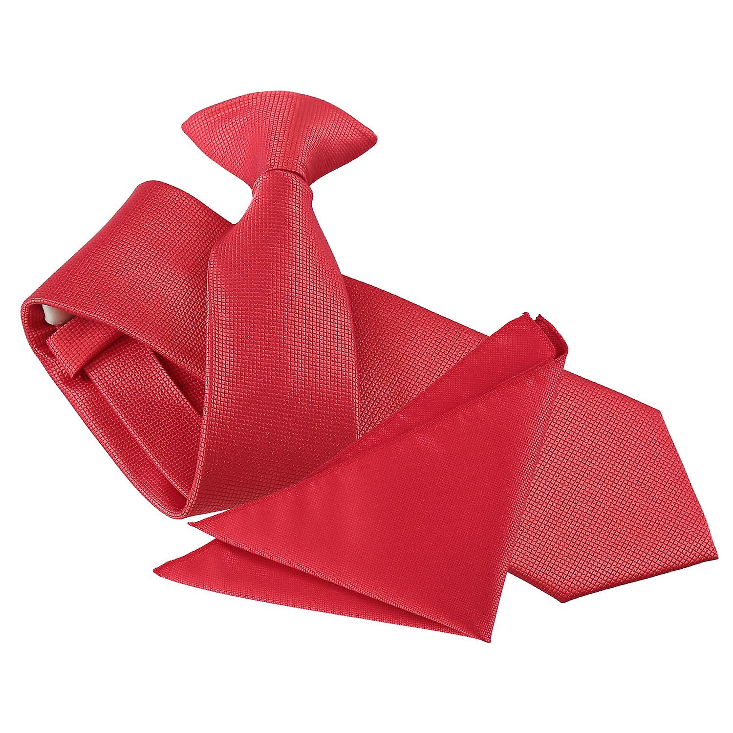 Red Solid Check Clip On Slim Tie and Pocket Square Set