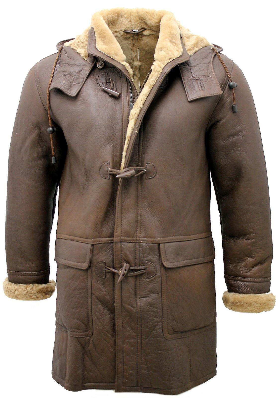 Infinity Leather Men's Brown Sheepskin Hood Duffle Coat Large
