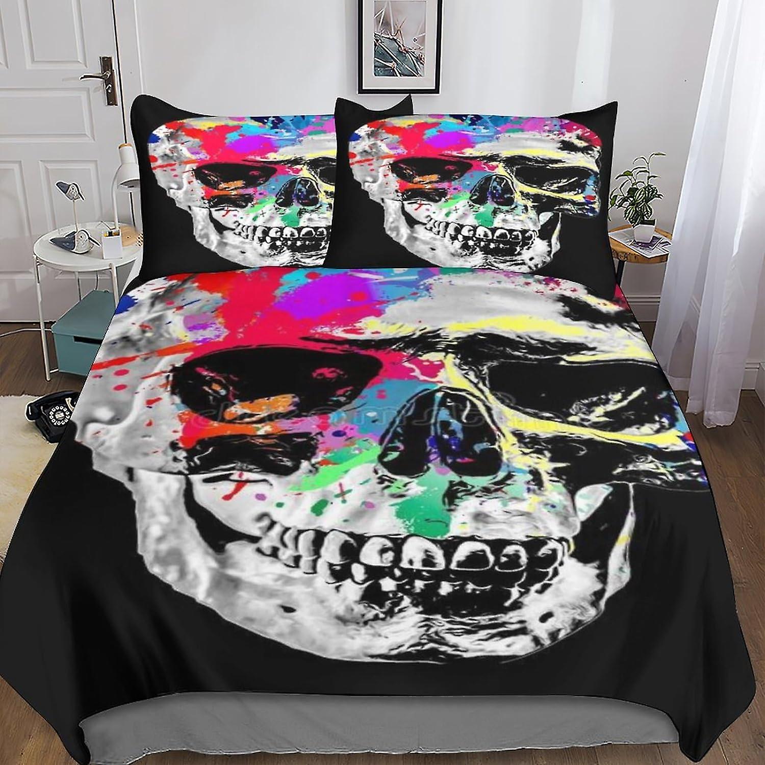 Skull Skeleton Duvet Cover Set 3D Printed,Soft Microfiber Halloween Quilt Cover 3 Pieces with Zipper Closure Bedding Set And Pillwocase Suitable for C
