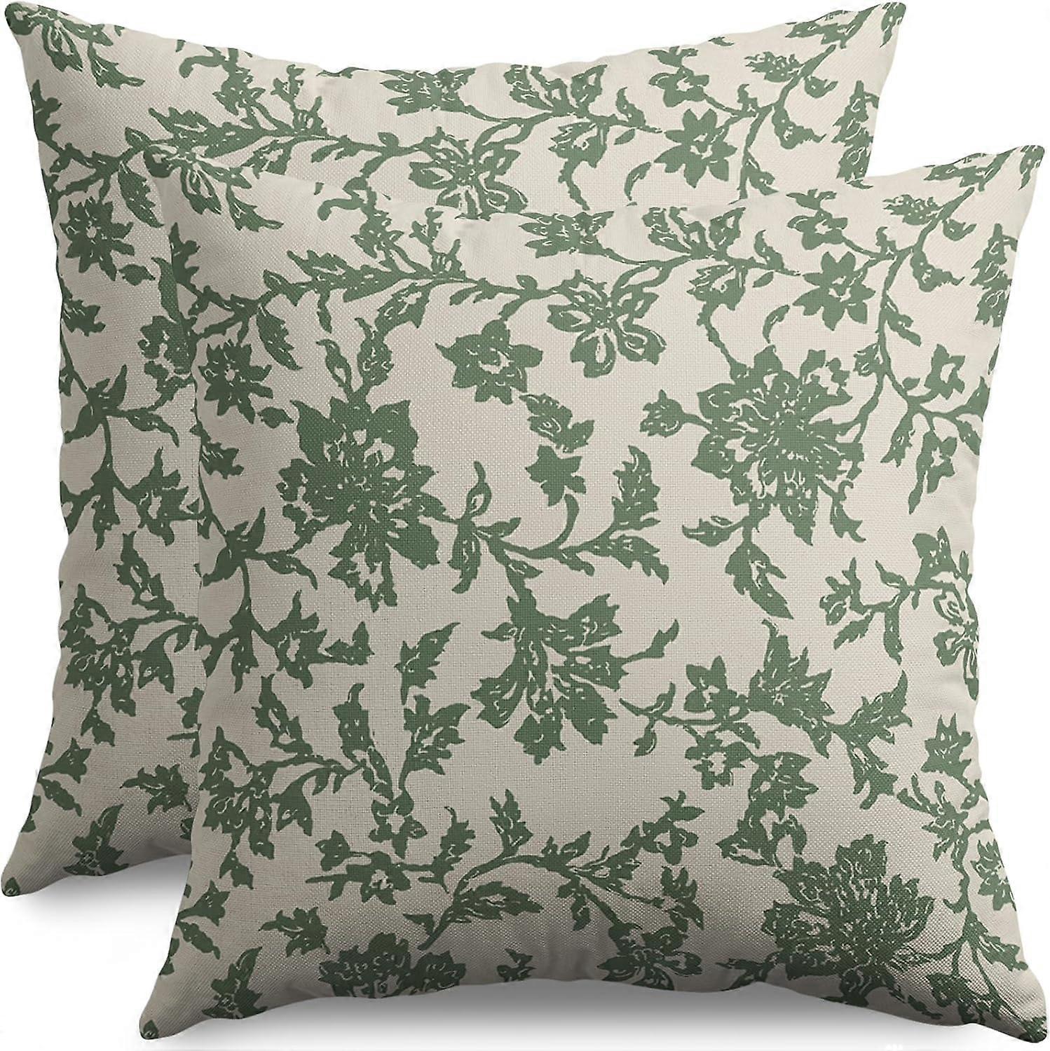 Sage Green Floral Block Print Pillow Covers 16x16 Set of 2 Rustic Old Style Modern Vintage Flower Pattern Cream Decorative Throw Pillow Cases Outdoor 