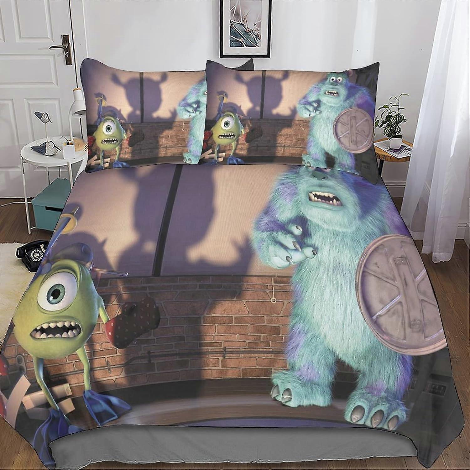 Monsters Inc. Sängkläder Set 3D påslakan, tryckt 3 stycken, Mikrofiber Sängkläder Påslakan med Dragkedja Stängning Örngott