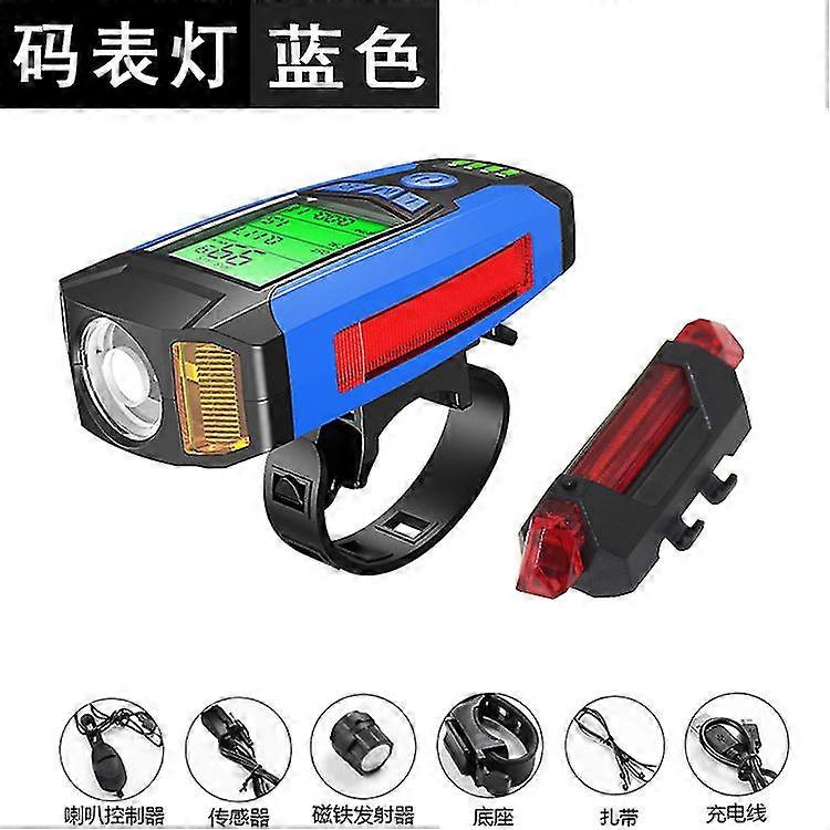 Blue Code Watch Light+strip Tail Light 3-in-1 Cycling Intelligent Code Meter Light Temperature+time+electric Display+code Meter+warning+horn Light Usb
