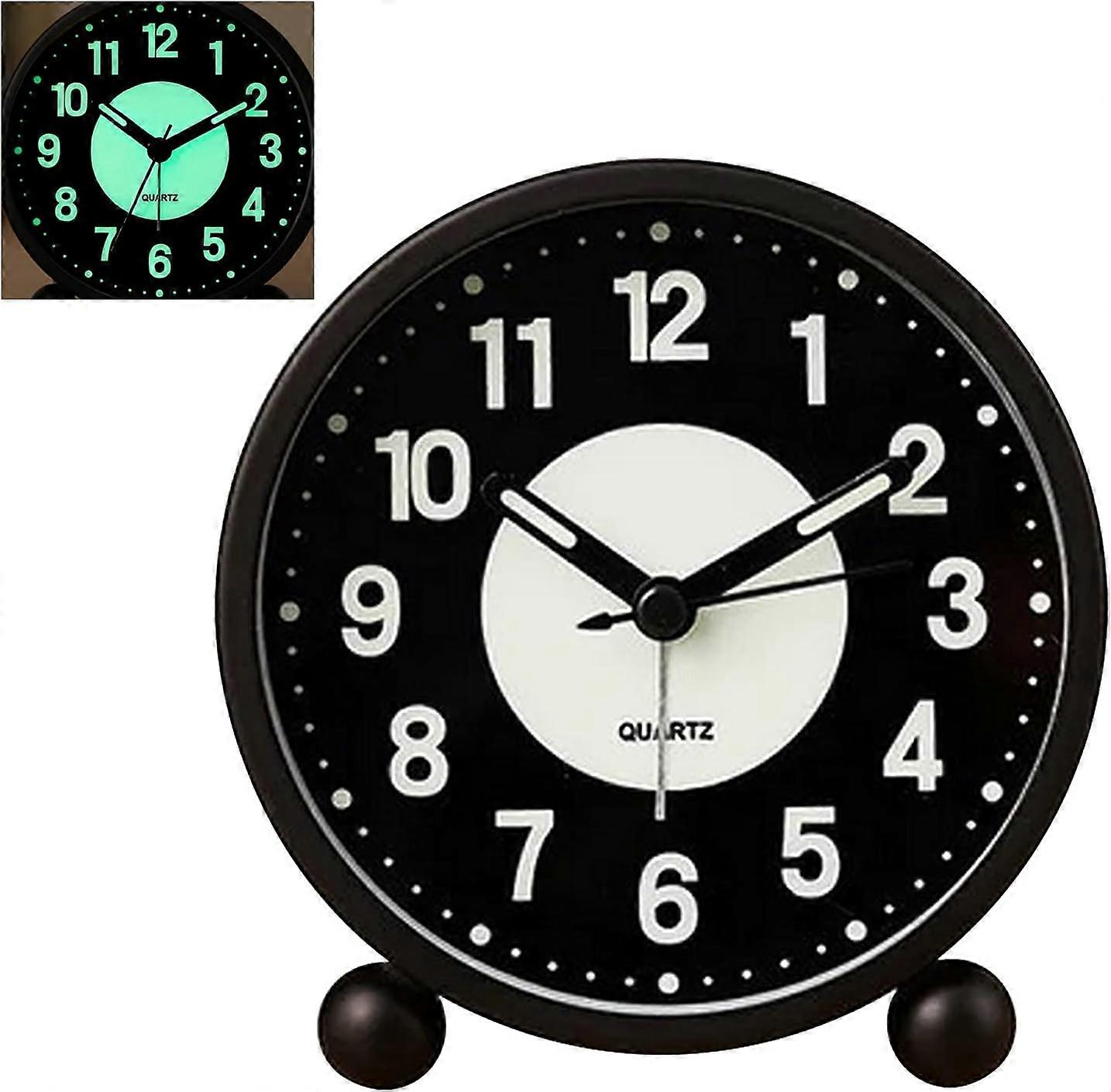 Alarm clock lights up 4" round silent analog desk clock, no ticki