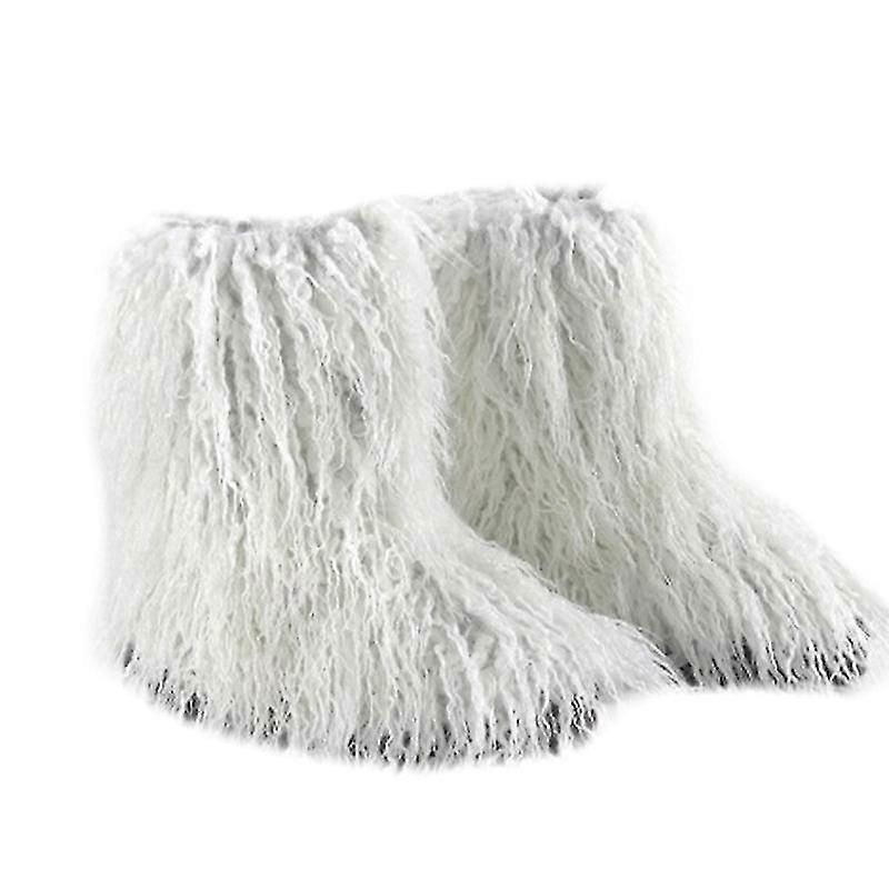 Real Beach Wool Fur Boots For Women Fuzzy Fluffy Furry Round Toe Suede Winter Comfy Plush Warm Short Snow Bootie Flat Shoes Mid-calf Boots Outdoor Ind
