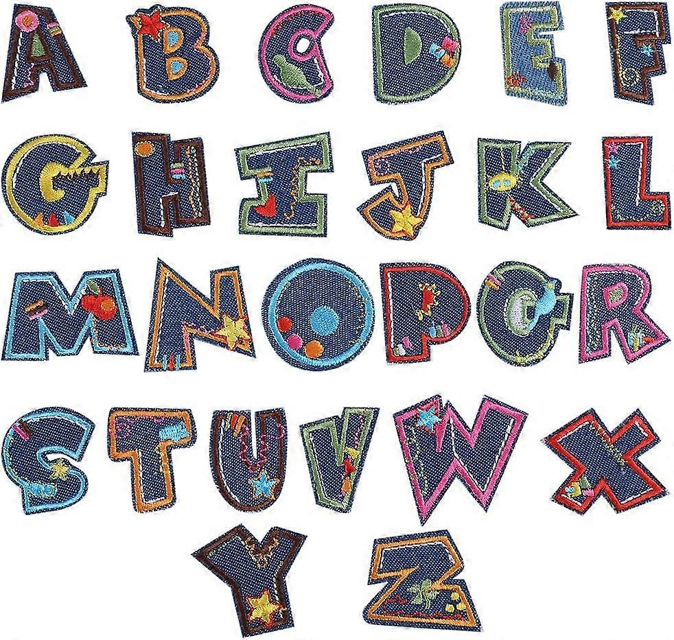 26PCS Alphabet Patches Colorful Embroidered Iron on Patch English Letters A-Z Applique Badge Flower Star Pattern for Denim Jackets Hats Fabric Clothes
