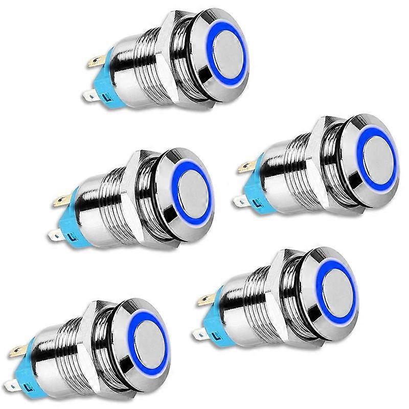 5 pezzi 12 mm interruttore a pulsante con chiusura a scatto, tappo rotondo alto, interruttore a pulsante in metallo impermeabile con luce blu 12 V/24 V