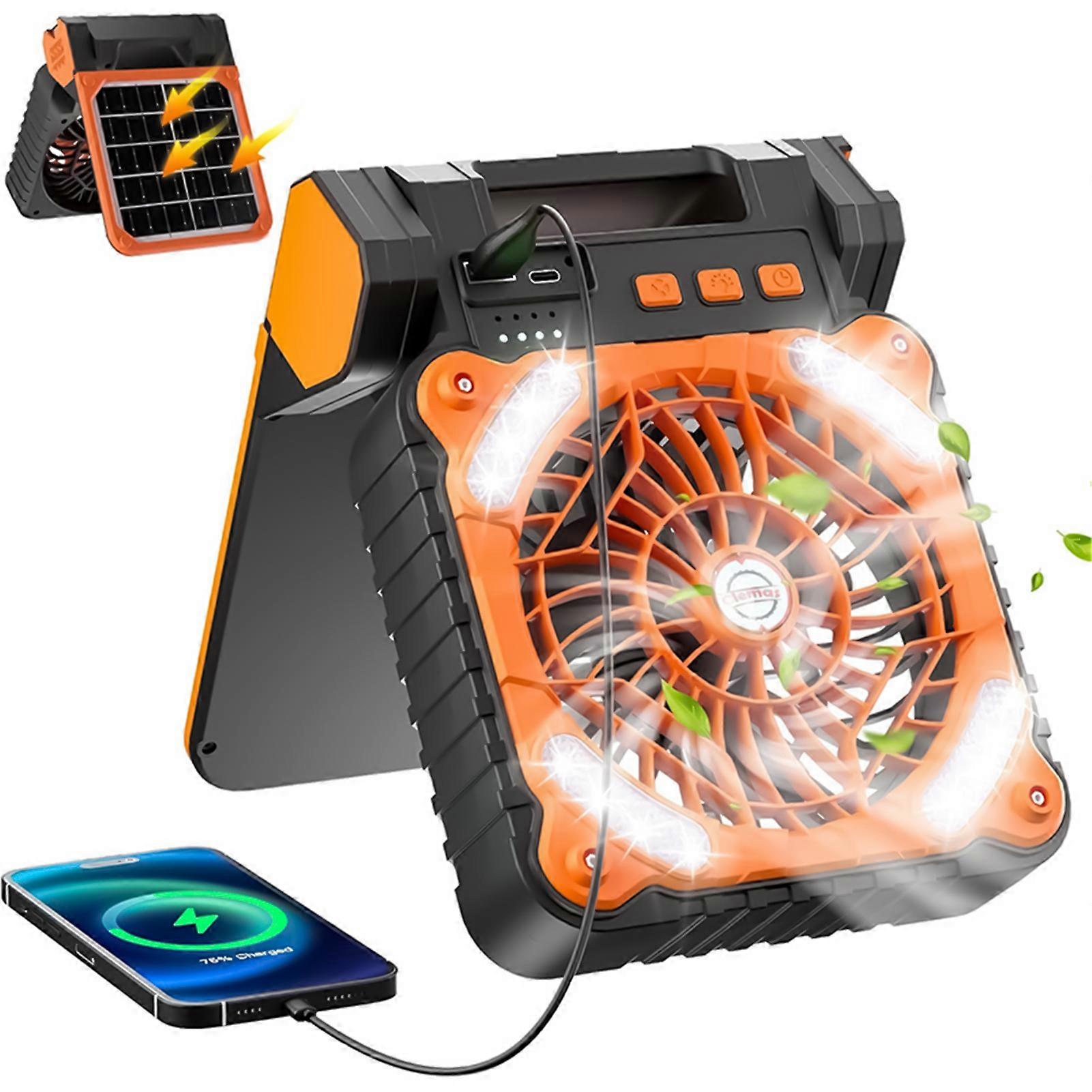 Solar and Battery Powered Camping Fan, Rechargeable Portable Desk Fan with LED Light & Timing Function, Power Bank for Home Office Car Outdoor