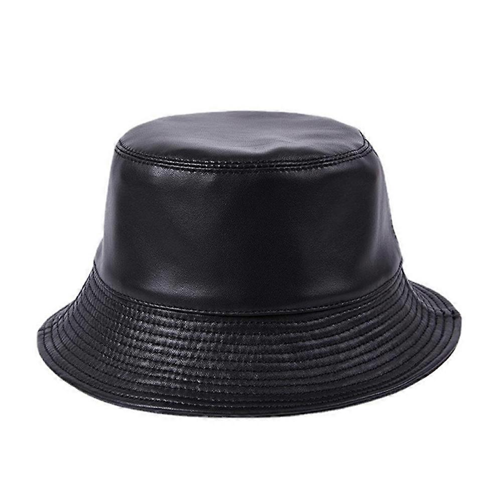 Mode Herr Dam Läder Bucket Hat Läder Svart Fiskarens hatt Ny