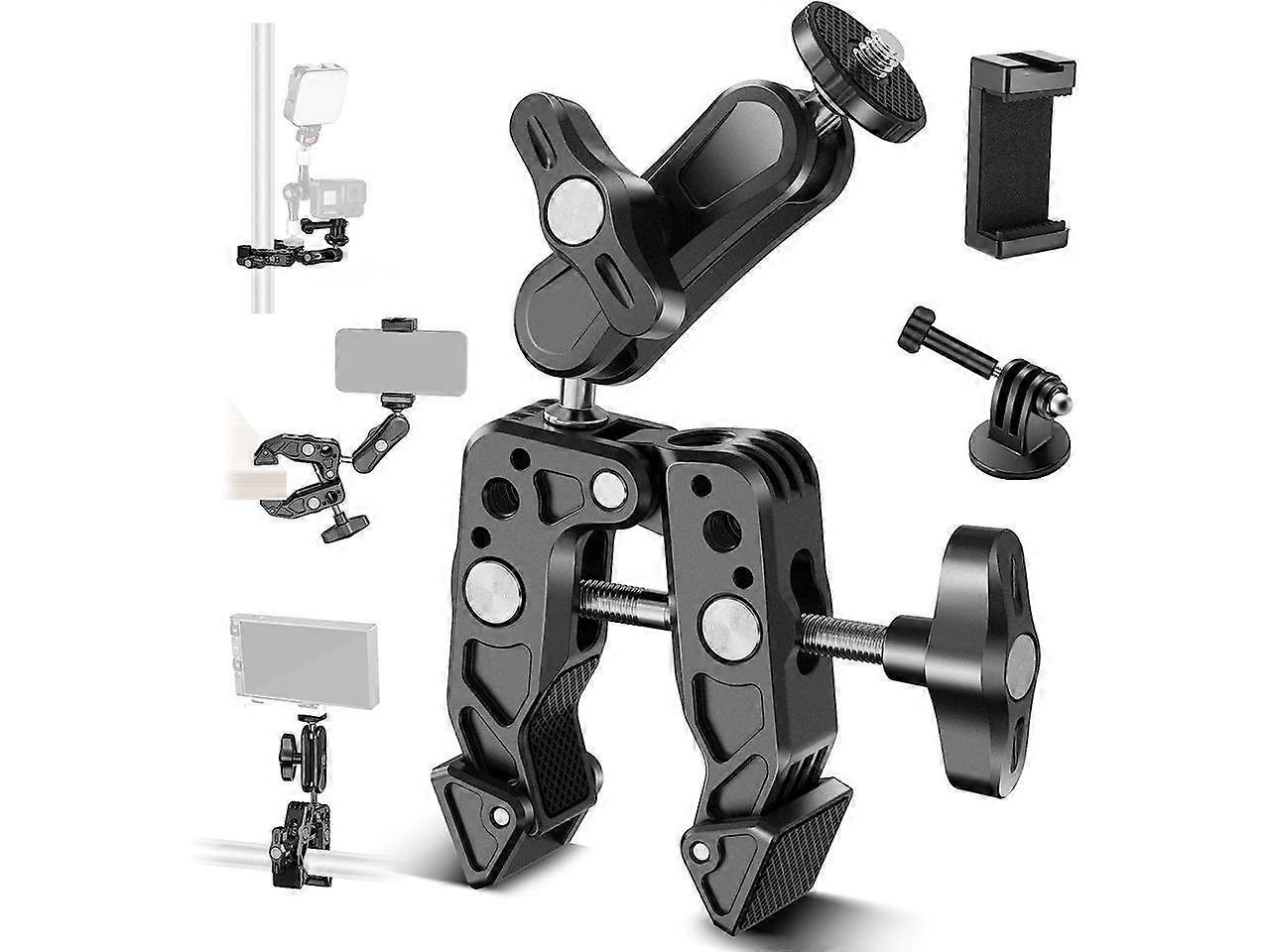 Super Clamp con Magic Arm con supporto per telefono e supporto per action cam, interamente in metallo 360 doppia testa a sfera con filettatura da 1/4" e 3/8", compatibile con Smallrig G