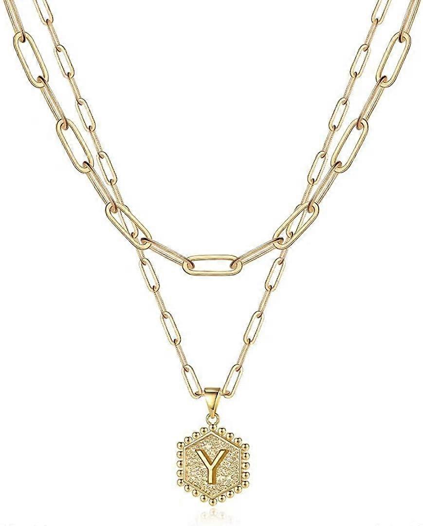 Délicat couches colliers initiales pour femmes, collier chaîne trombone plaqué or 14 carats Simple mignon hexagone lettre pendentif initiale collier ras de cou or L