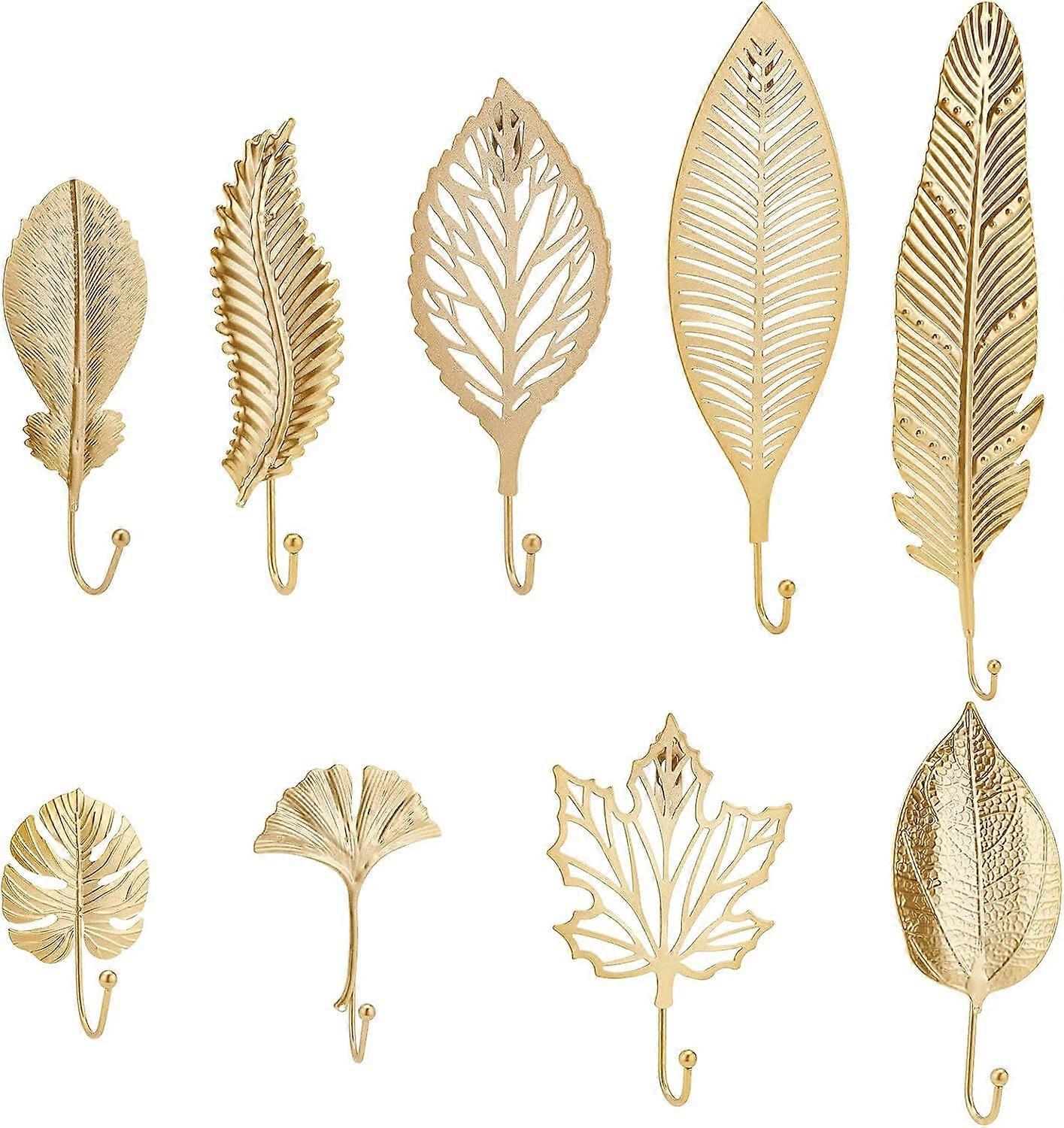 9pcs Decorative Leaves Iron Hooks 9 Style Feather/Maple Leaf Wall Mounted Hangers Gold Coat Hooks for Hanging Key Towel Coat Photo Frame Hat Bag and U
