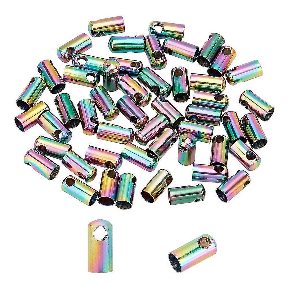PVD Vacuum Plating 304 Stainless Steel Cord Ends End Caps Colum Rainbow Color 9.5x4.5mm Hole: 2mm Inner Diameter: 4mm 50pcs/box