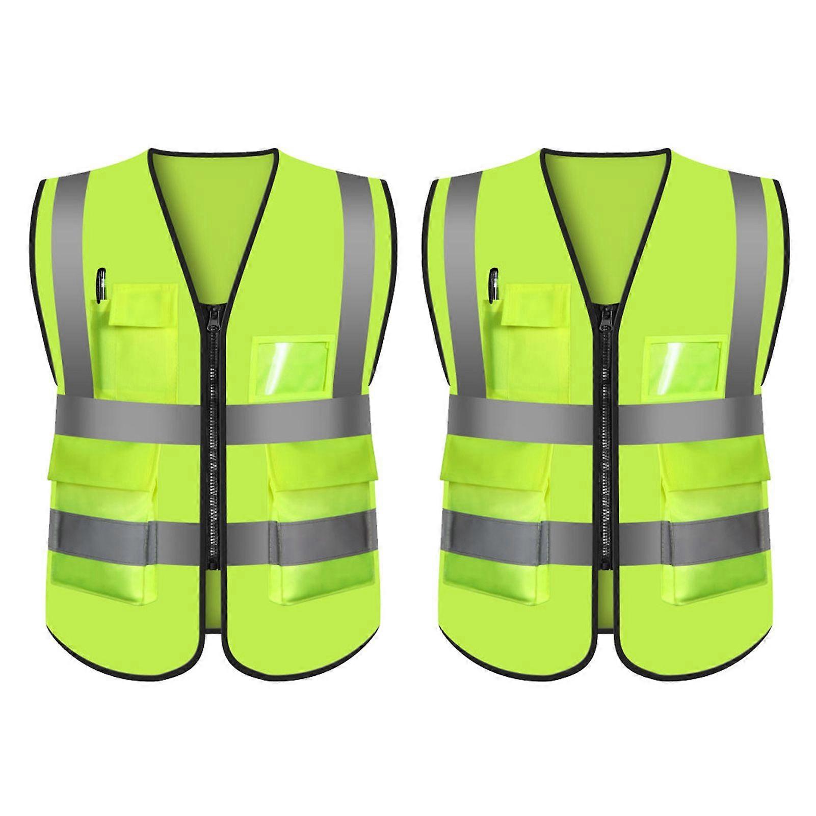 2Pcs Reflective Vest High Visibility Safety Vest Multiple Pockets Zipper Closure Vest for Drivers Workers