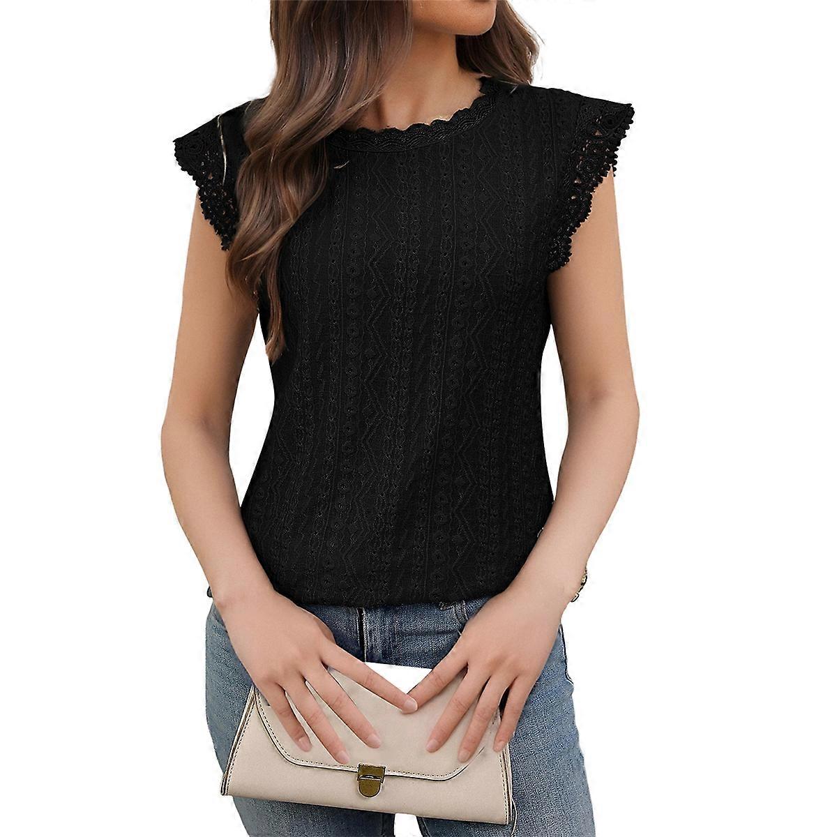 Women'S Mock Neck Lace Blouse L Black