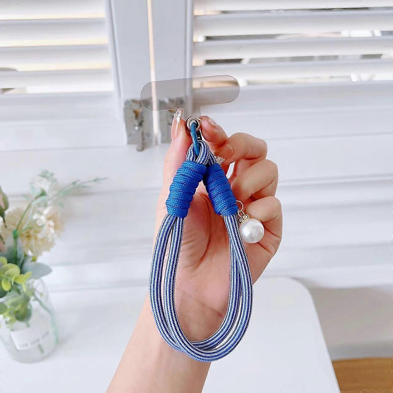 Phone Short Lanyard 30cm Wrist Strap Nylon Pearl Hand Strap with Tether Tab-Dark Blue