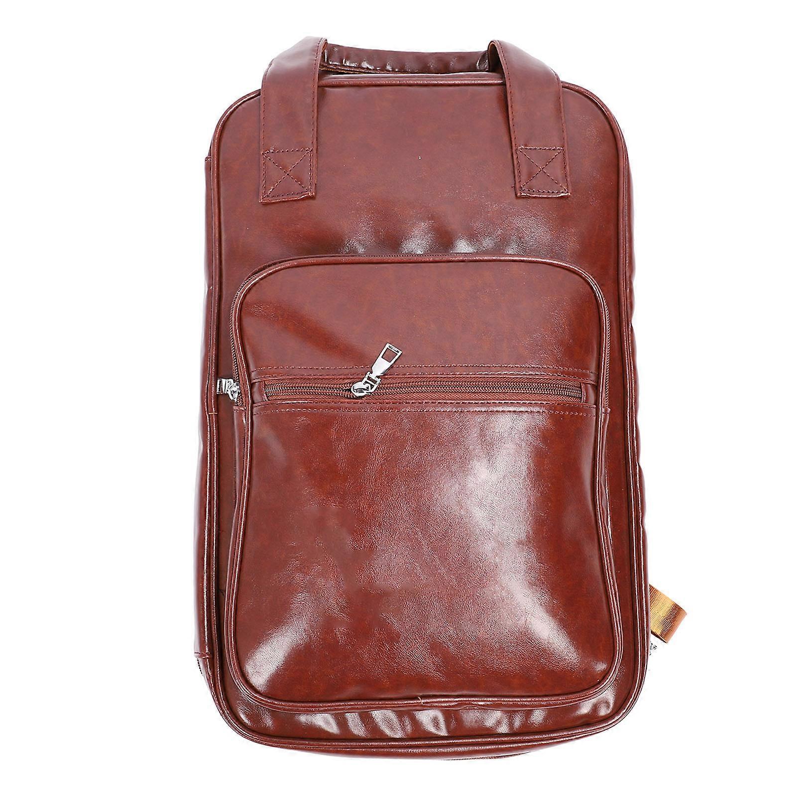Brownish Red Multifunctional PU Leather Drum Sticks Storage Bag Backpack