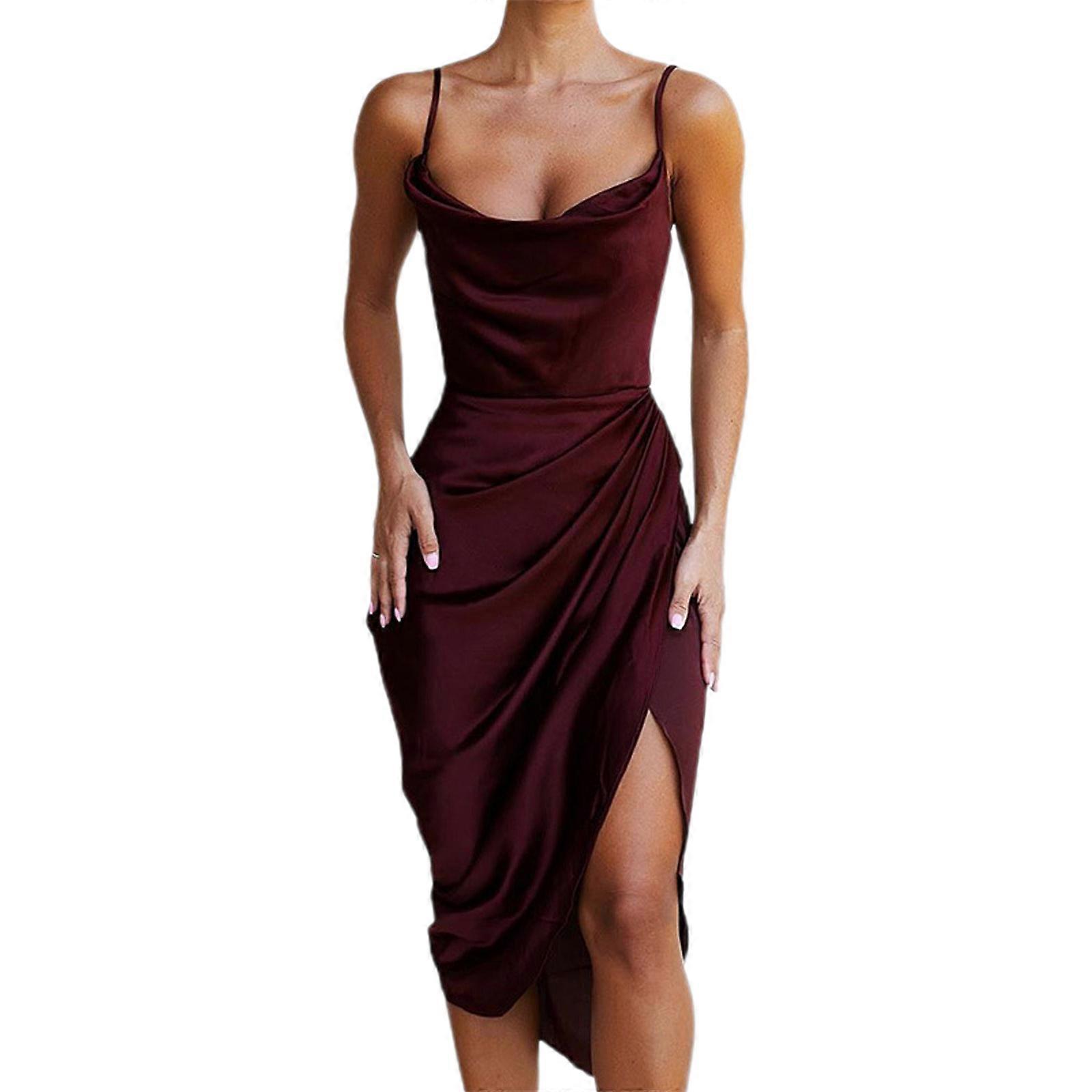 Womens Sleeveless Spaghetti Strap Summer Dress Split Cocktail Beach Evening Party Cowl Neck Midi Dresses Side Zipper  Burgundy XL