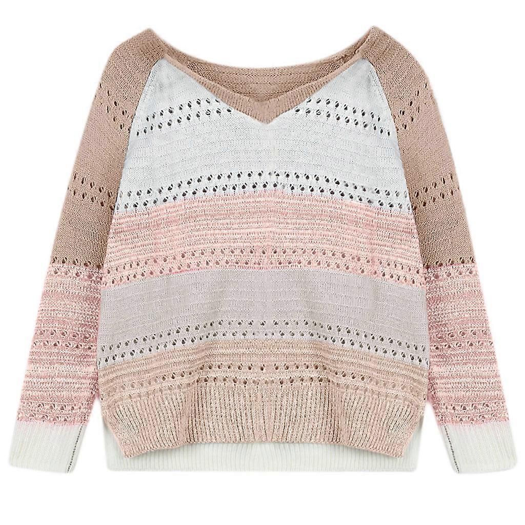 Damen Langarm Pullover V-Ausschnitt Farbblock Patchwork gestreifte Pullover Tops Loses Aushöhlen Strickpullover Hemd Rosa XL