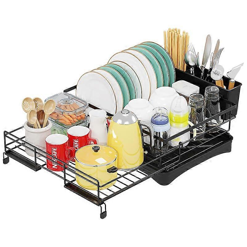 Dish Drainer - Expandable Black Dish Rack, Large Capacity Drainer with Cutlery Holder for Kitchen Countertop, Space Saving Design