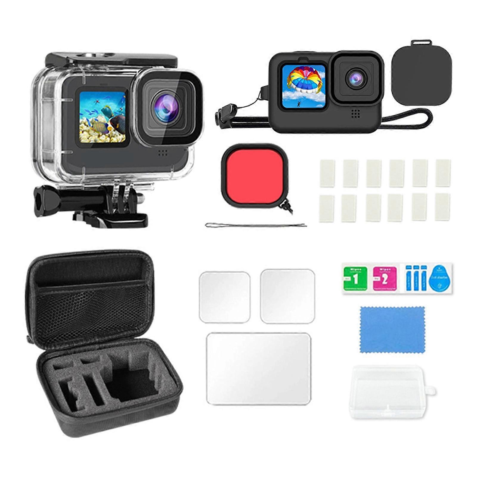 Underwater Filters Diving Waterproof Case for Hero9-12 Action Cameras Diving Shell Silicone Case Tempered Glass Film