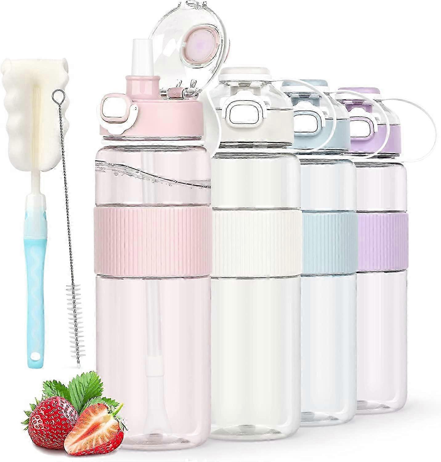 ストロー付きスポーツウォーターボトル1L、ボトルブラシとステッカー、漏れ防止デザイン、ランニングに適したBPAフリーのクリアウォーターボトルが特徴です