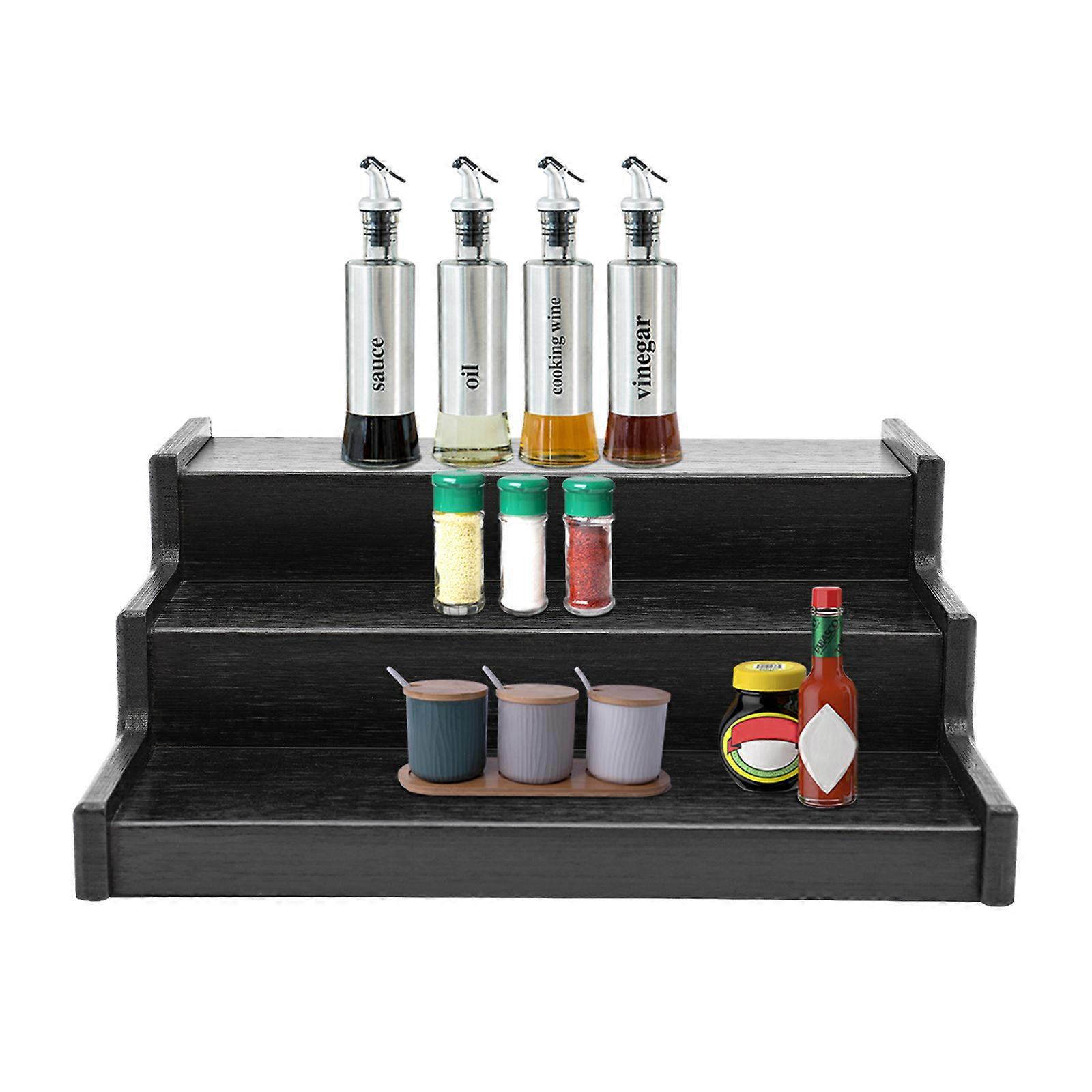 3-Tiers Black Open Stretch Spice Rack Rectangular for Kitchens Bedrooms