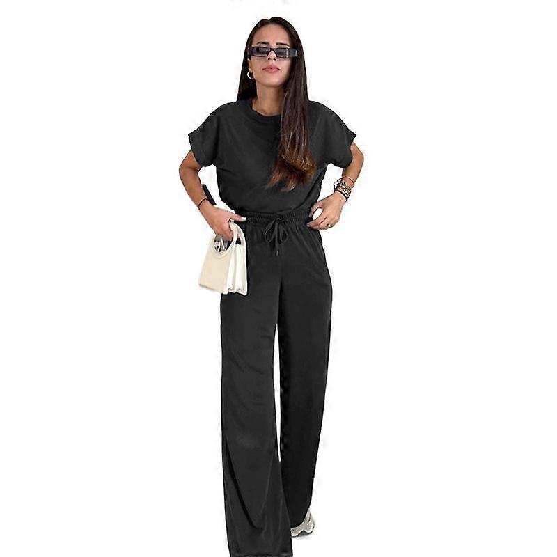 Plus Size Spring and Summer Women's Solid Colour Round Neck Short Sleeve Top Fashion Casual High Waist Wide Leg Pants Suit