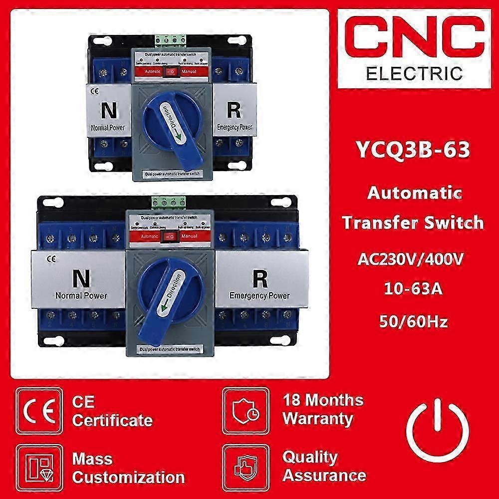 Cnc Ycq3b-63 2p/4p 63a 50/60hz Ats Dual Power Automatic Transfer Switch Ac230v/400v Electrical Selector Switches
