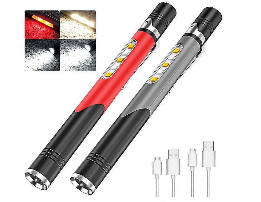 Led Pen Light 2 Pack with Cob Light - 4 Modes USB Rechargeable Pen Flashlight Mini Flashlight Super Bright 500 Lumen Pocket Flashlight Waterproof(Red)