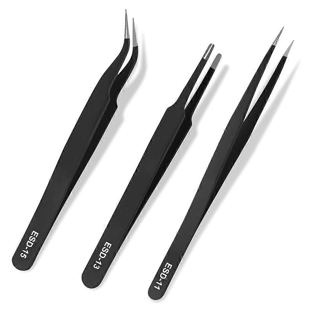 Precision Tweezers Set,Anti-Static Stainless Steel Tweezers 3PCS