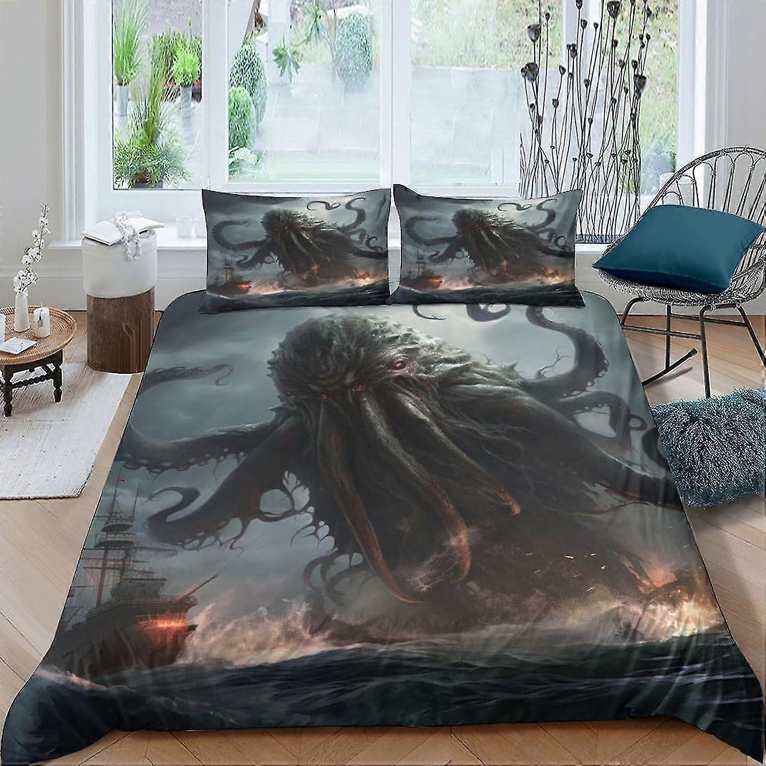Conjunto de Cama de Microfibra com Capa de Edredom de Monstro Marinho de Polvo, Capa de Edredom de Edredom e Fronha de Impressão 3D, Macia com Fecho de Zíper para Adulto