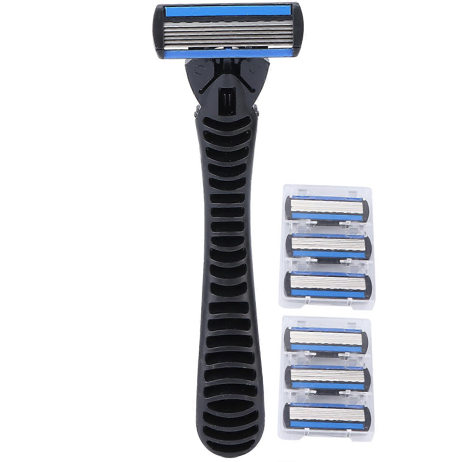 Manual Razor Set 6 Layers Blade Reusable Razor Handle 6 Refills Men's Shaving Razors Silver White