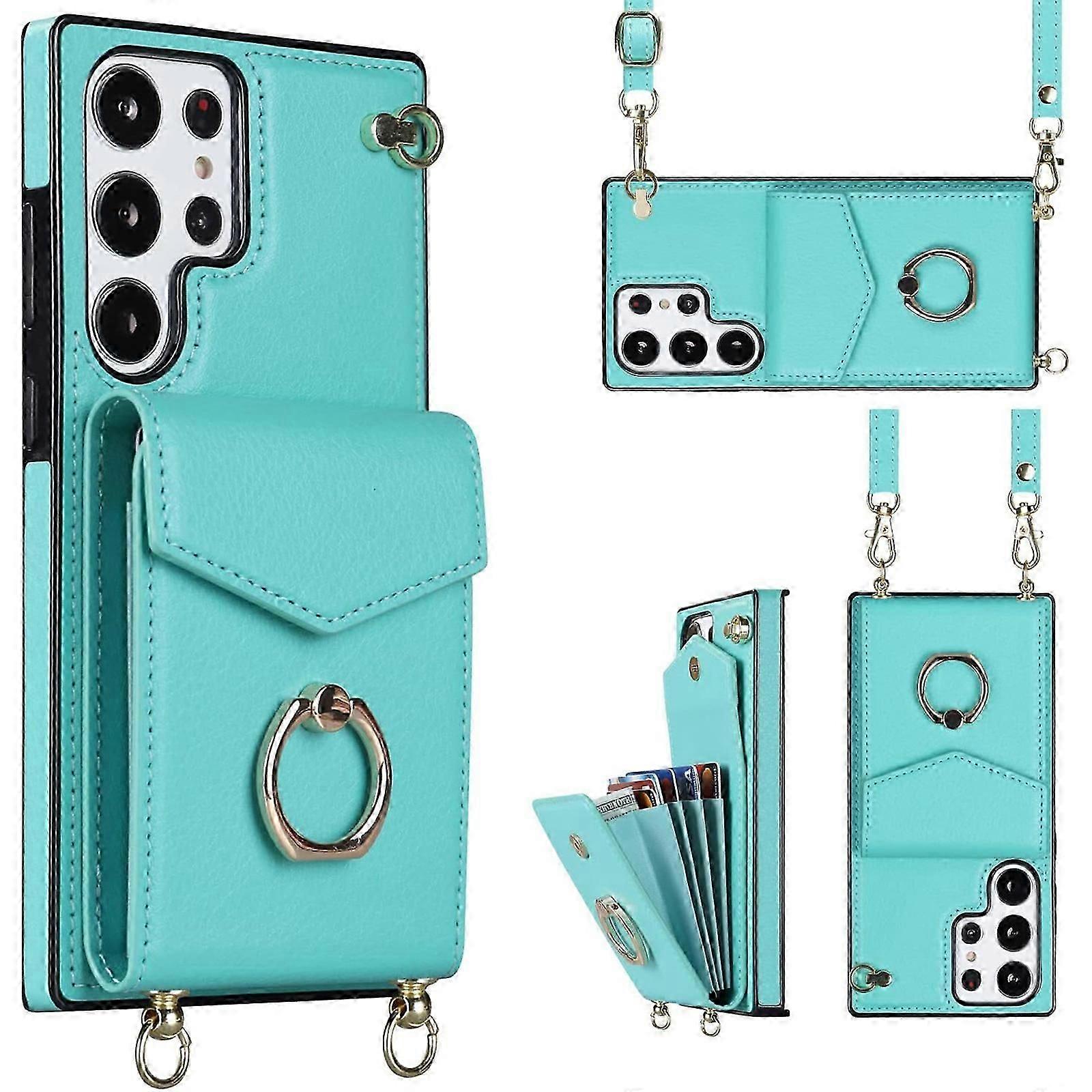 para Samsung Galaxy S24 Minimalist Wallet Case com Ring Kickstand e Alça de Ombro, Shockproof Capa protetora elegante para Samsung Galaxy S24