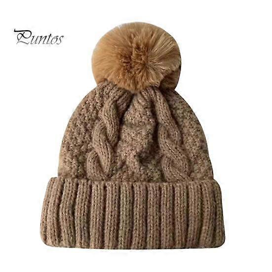 Unisex Winter Beanie Knitted Thick Folded Brim Solid Color Stretchy Pom-Pom Hat Ear Protection Piled Hat Windproof Cold Weather Warm Headgear