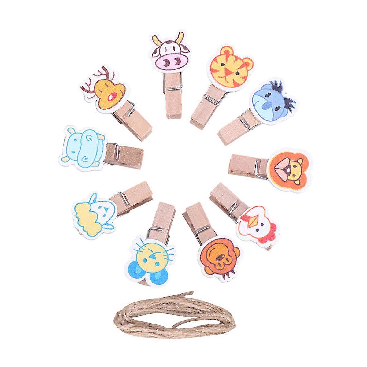 Wooden Photo Clips with Hemp Rope for Holding Memo Notes and Decorations Assorted Color 10 Pcs