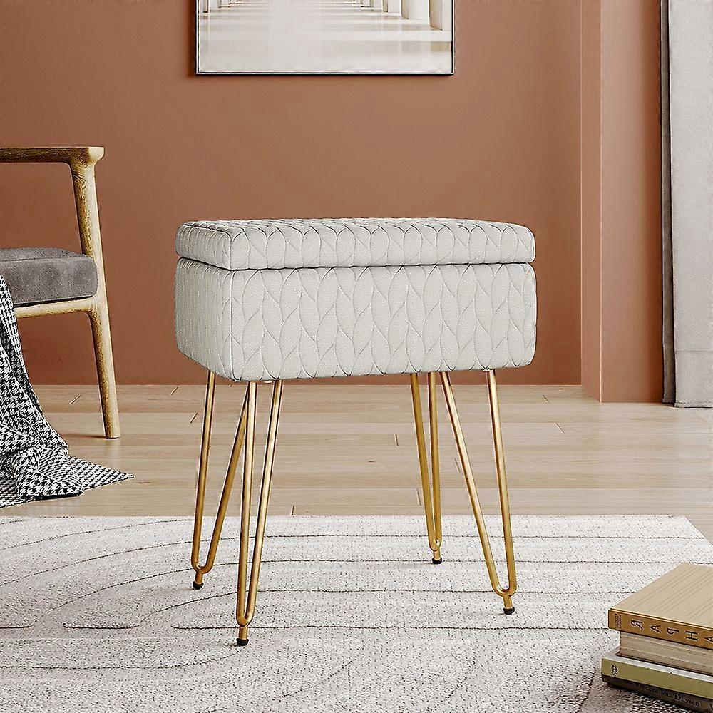 Ottoman Storage Footstool Rectangle Upholstered Ottoman Vanity Stool with Storage Beige
