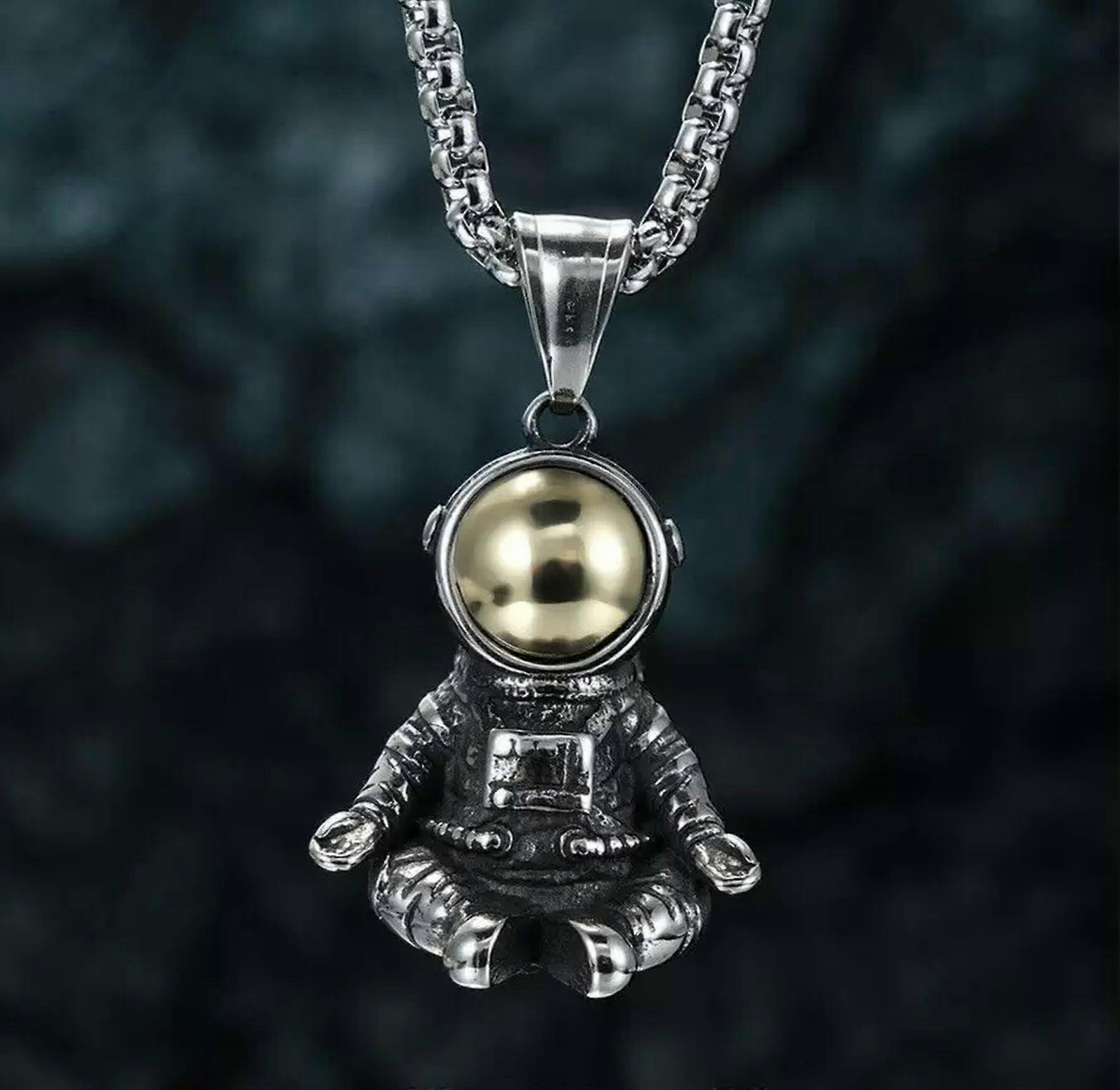 Herren Edelstahl Space Astronaut Anhänger Halskette 3D Design Modeschmuck für Männer Silberfarben 60cm