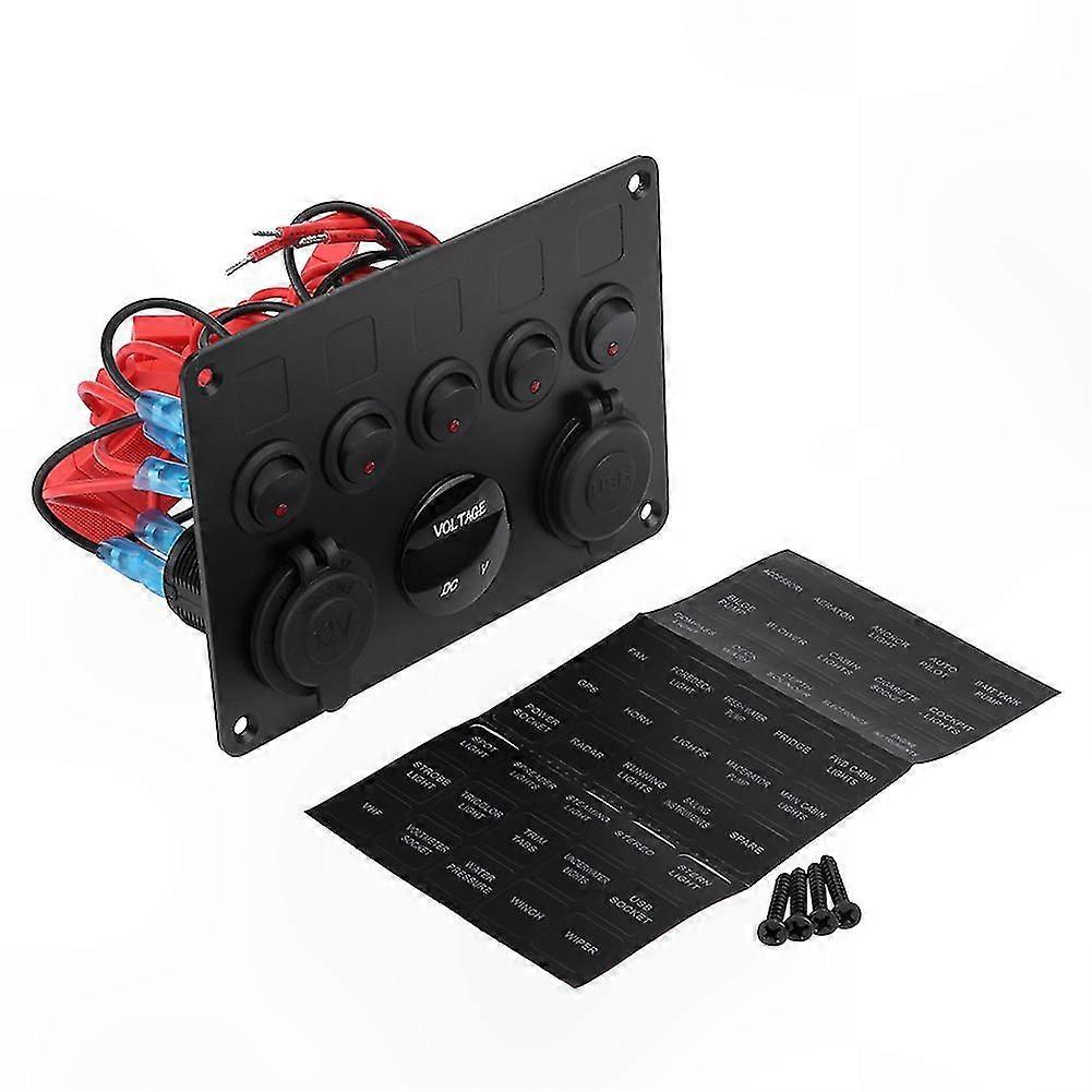 5 Gang On/Off Switch Panel with Dual USB Charger & Digital Voltmeter for RV, Car, Boat, Marine, Truck (Red Indicator)