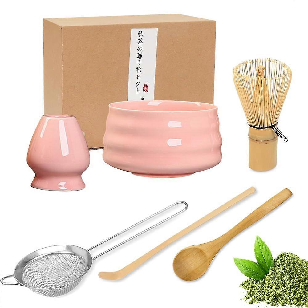 Matcha Whisk Set with Bamboo Whisk, Ceramic Bowl, Scoop Holder (Pink)