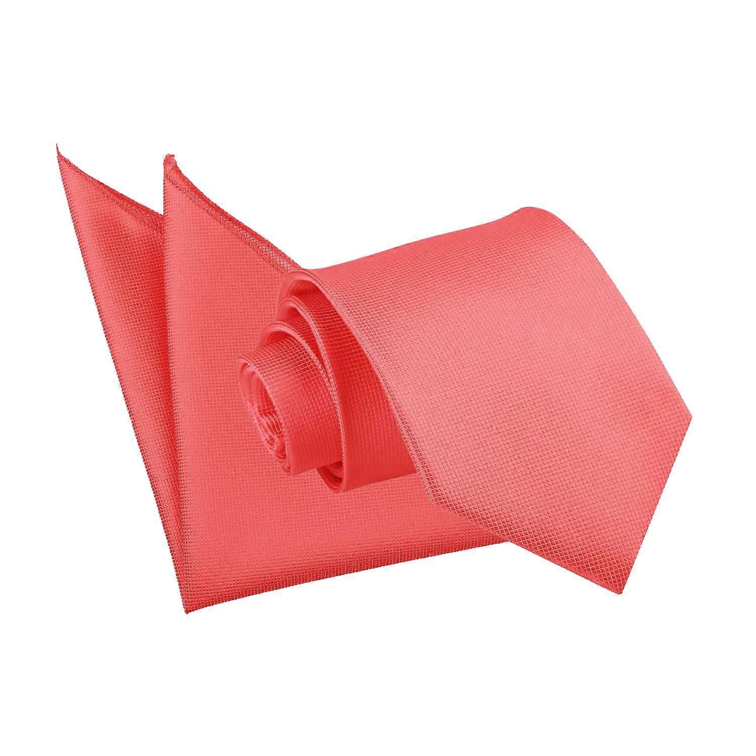 Coral Solid Check Tie and Pocket Square Set