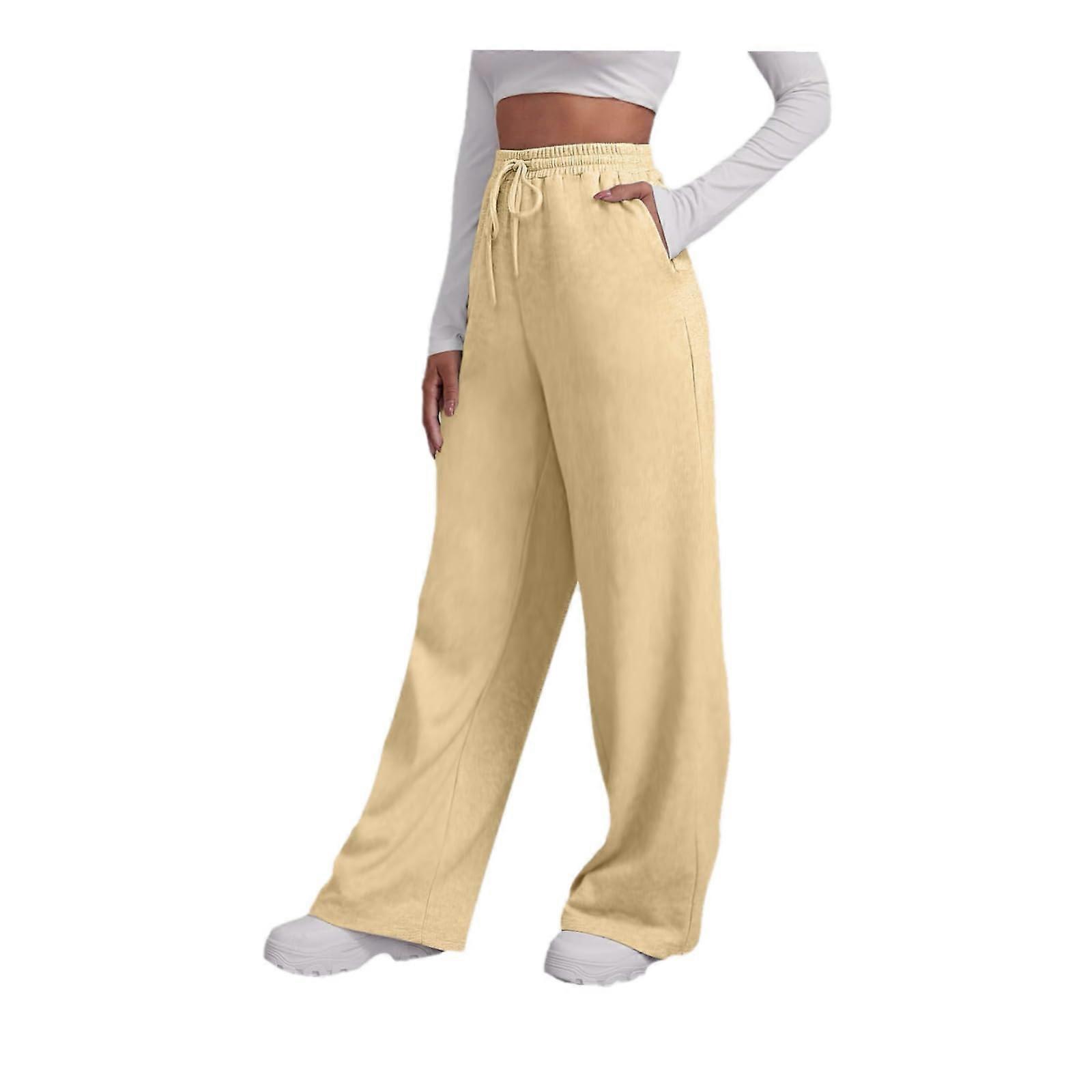 Women's Red Fleece Lined High Waist Jogger Pants with Pockets, Wide Straight Leg Trousers, Khaki, Size M