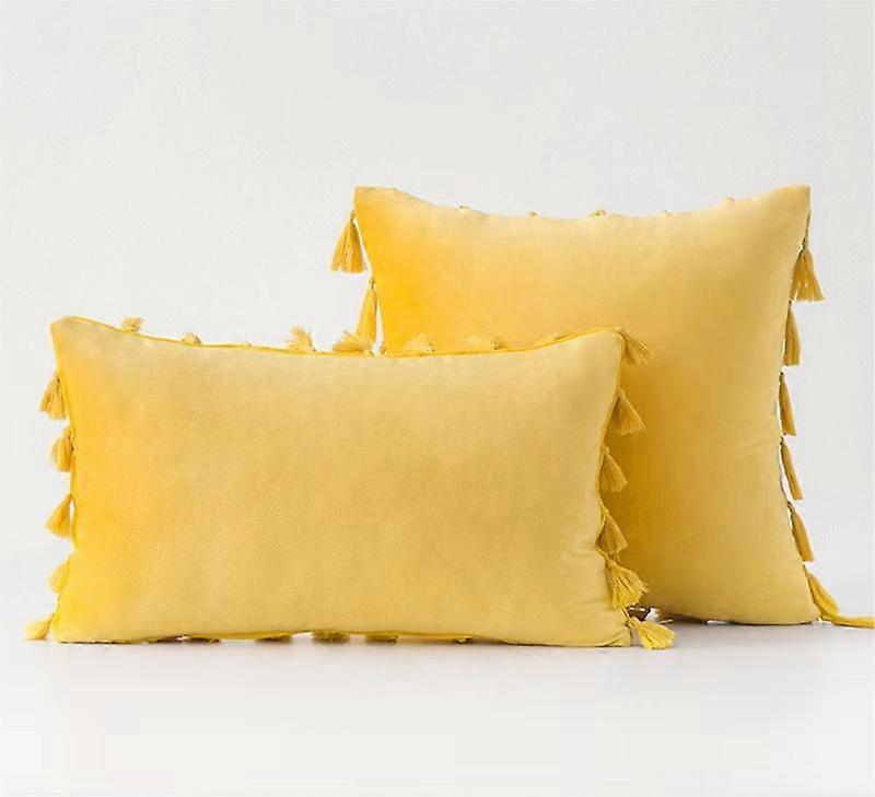 Pack Of 2 Velvet Soft Solid Decorative Throw Pillows With Tassels Fringe Boho Accent Cushion For Couch Sofa Bed, Yellow